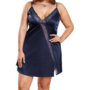 Women's Chemise Lingerie Lace Vneck Blue Satin Slip Nightie With Panty Sz 12/14